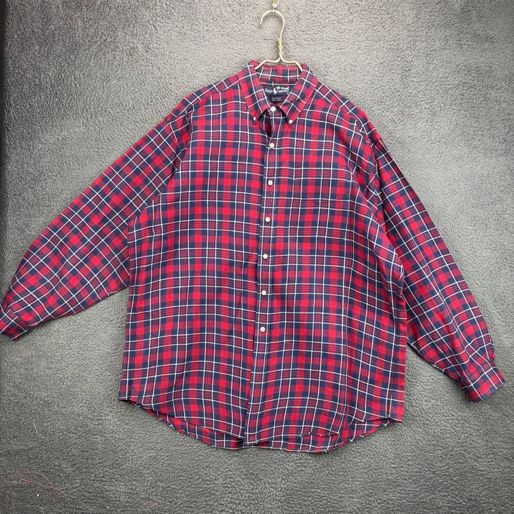 Ralph Lauren Big Shirt Mens Large Red Blue Plaid 100% Linen Button Down L 12420